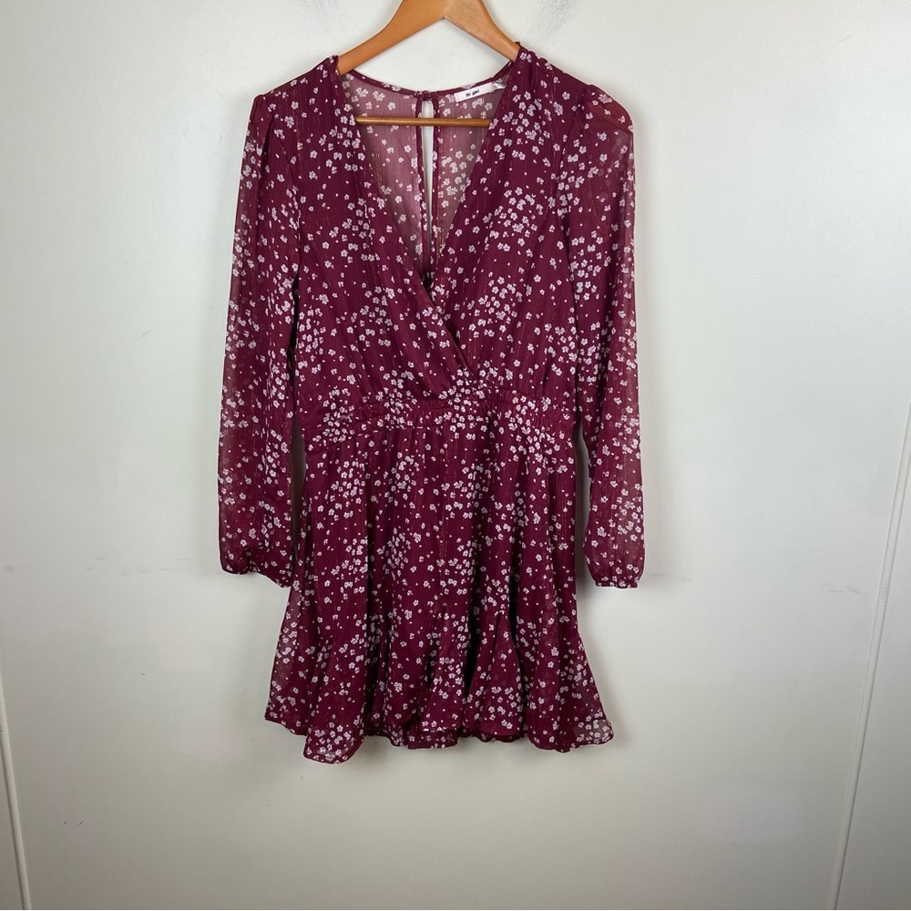 Mi Amo Burgundy Red Ditsy Floral Faux‎ Wrap Dress Sheer Size Large Sheer Back